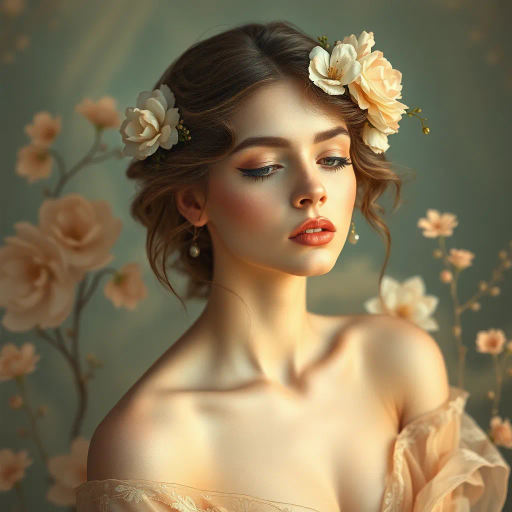 elegant, ethereal beauty, inspired by alfons mucha, art nouveau, soft pastels, delicate curves, intricate details, flowing lines, divine femininity, serene expressions, luminous skin, gentle allure, classic elegance, timeless grace, floral motifs, romanticism, subtle sensuality, ambient glow, sophisticated charm, natural form, organic textures, soft focus, harmonious design, intimate portraiture, visual poetry, artistic refinement