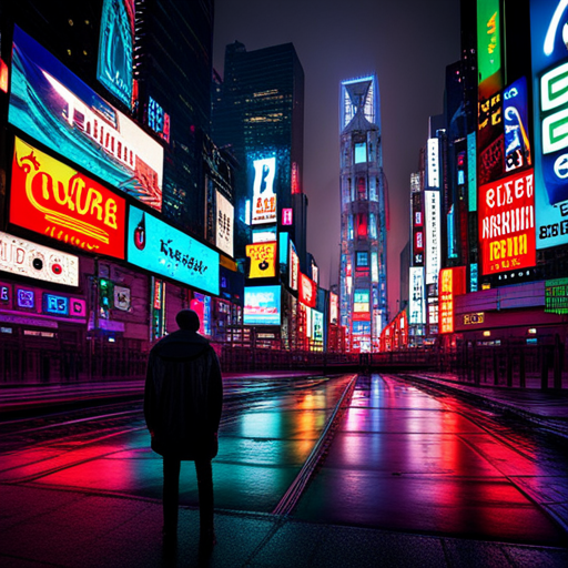 cyberpunk, neon lights, dystopian architecture, futuristic technology, urban sprawl, glowing signs, dark alleys, hi-tech skyscrapers, artificial intelligence, flying vehicles, metallic surfaces, digital graffiti, vibrant colors, shadowy figures, electronic music, surveillance cameras