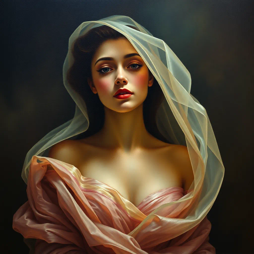 Renaissance, surrealism, ethereal elegance, chiaroscuro lighting, muted pastels, oil paint texture, Botticelli, Dali, delicate translucence, female form, elegance, dreamlike atmosphere, baroque curves, intimate portrait, flowing drapery, softness, timeless allure, serene expression, modern interpretation, cultural fusion, emotive gaze, gentle movement, classic composition, symbolic beauty, illuminated silhouette, harmonious balance, poised stance