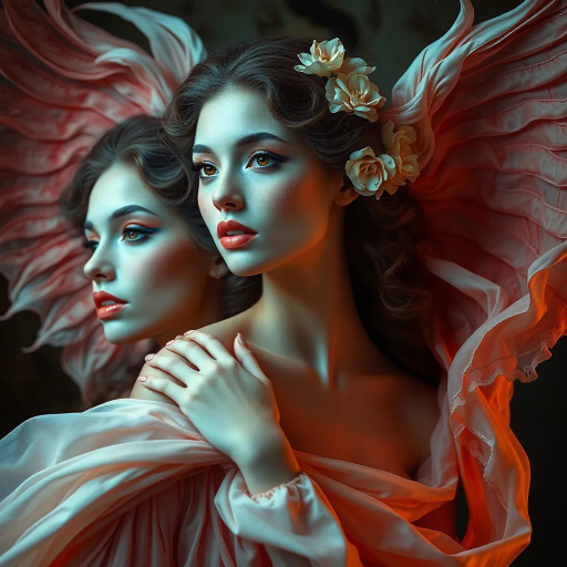 elegant women, ethereal beauty, Gustav Klimt, Art Nouveau, luminous lighting, intricate details, opulent patterns, vivid colors, flowing fabrics, feminine grace, expressive poses, dreamlike scenery, delicate textures, harmonious composition, serene yet powerful, cultural fusion, imaginative interpretation, timeless elegance, artistic allure, vibrant backdrop, atmospheric vitality, fantastical environment, captivating allure, emotional depth, dynamic perspective, visionary portrayal, iconic motifs, luxurious ambiance