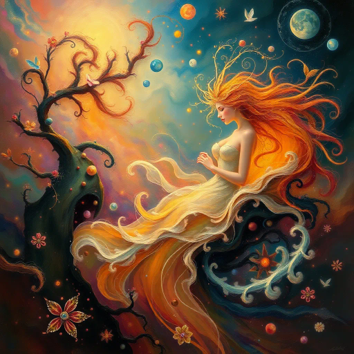 surreal, ethereal, dreamscape, vibrant colors, atmospheric lighting, whimsical elements, harmonious composition, flowing forms, mythological figures, fantasy realms, romanticism, emotional depth, imaginative scenes, art nouveau influences, Gustav Klimt, emotional resonance, narrative storytelling, organic textures, soft focus, sensual undertones, expressive brushwork