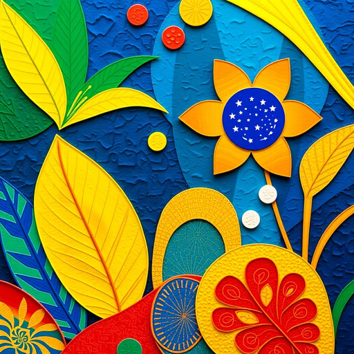 vibrant colors, geometric shapes, cultural symbolism, rich textures, tropical influence, modern interpretation, national pride, intricate patterns, dynamic composition, bright green, vivid gold, deep blue, movement, contemporary style, Brazilian culture, Jorge Amado, playful textures, dimensional layering, abstract representation, optimism and unity, homage to Brazilian authors, exploration of cultural identity, vibrant storytelling, bold artistic expression, whimsical design, fluid shapes, energetic motion, cultural tapestry, artistic innovation