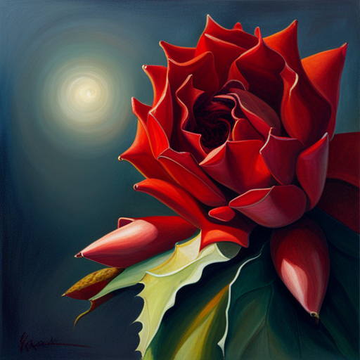 romanticism, still-life, oil painting, impressionism, art nouveau, warm lighting, chiaroscuro, emotional symbolism, thorns, red petals, life cycle, fragility, beauty, nature