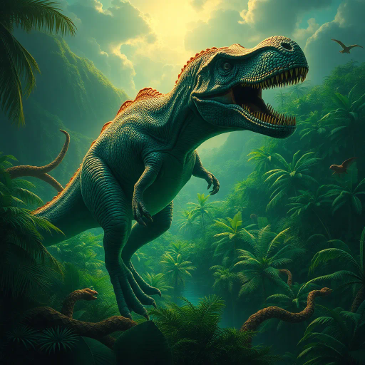prehistoric creatures, majestic dinosaur, lush jungles, vivid emerald greens, dynamic poses, chiaroscuro lighting, mythical era, ethereal glow, intricate scales, surreal landscapes, movement and tension, timeless prehistoric panorama, Jules Verne influence, hyper-realistic textures, primordial ambiance, paleoart inspiration, vibrant life, dramatic skies, storytelling composition, atmospheric depth, earthy tones, grandeur and mysticism, visionary interpretation, Henri Rousseau, narrative depth, bioluminescent mist, shadow play, epic grandeur, arcane mysteries, dreamlike dimension
