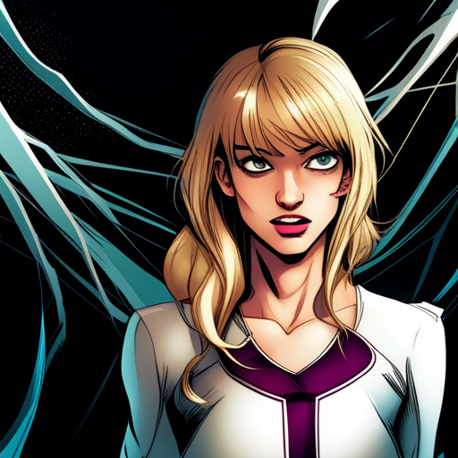 Gwen Stacy, Ghost Spider, Marvel, Spider-Verse, superhero, comic book, inked illustration, vibrant colors, dynamic composition, action-packed, web-slinging, crime-fighting, urban setting, graffiti, street art, dramatic lighting, aerial perspective, acrobatic poses, masked vigilante, parallel dimensions, alternate universes, teenage protagonist, coming-of-age story, emotional journey, secret identity, iconic costume, webbed patterns, intense moments, powerful emotions, high energy, sequential art, panel layout, dramatic angles, expressive linework, capturing motion