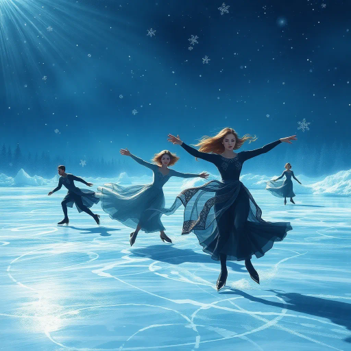 winter landscape, graceful skater, Olympic competition, dynamic motion, surreal elegance, glistening ice, dramatic lighting, vibrant colors, fluid movement, delicate balance, modern artistry, celebratory atmosphere, sportsmanship, international influence, precise technique, Alexander Calder inspiration, futuristic design, cold palette, geometric patterns, sweeping lines, epic scale, abstract realism, vivid textures, harmonious composition