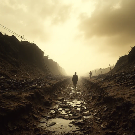 World War I, no man's land, muddy terrain, shell holes, somber, atmospheric perspective, muted color palette, sepia tones, historical influence, war imagery, chaos, trench warfare, dramatic lighting, low angle perspective, Gertrude Käsebier influence, textural detail, desolation, barbed wire, muddy textures, emotional intensity, overcast skies, smoky air, sorrowful mood, historical realism, Claude Monet influence, dynamic composition, earth tones, vast expanse, endless horizon, visceral experience