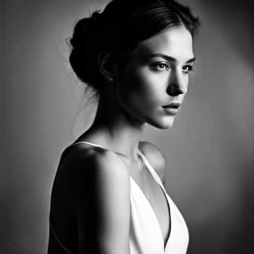 feminine strength, gracefulness, portrait, black and white, soft lighting, emotional expression, beauty, empowerment, contemporary, contrast, delicate features, monochrome, dramatic shadows, timeless elegance, classic composition, subtle textures, ethereal mood, intimate framing