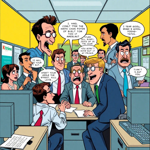 satirical workplace comedy, surreal humor, ensemble cast, bureaucratic chaos, 21st century pop culture, vibrant color palette, exaggerated expressions, dynamic panels, Roy Lichtenstein influences, witty dialogue, mundane office setting, everyday absurdities, overlapping story arcs, exaggerated caricatures, visual puns, contemporary Americana, awkward social interactions, humorous banter, slapstick elements, narrative vignettes, satirical undertones