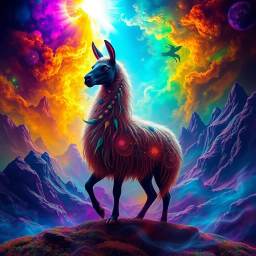mystical llama, ethereal landscape, vibrant colors, surreal lighting, intricate patterns, dreamlike atmosphere, fantasy setting, imaginative realm, grandiose scale, flowing textures, dynamic movement, mythical creature, South American folklore, enchanted aura, luminescent glow, magical realism, whimsical scenery, fantastical composition, enchanting silhouette, mysterious depths, visual storytelling, Andres Amador influences, vibrant hues, vivid imagination