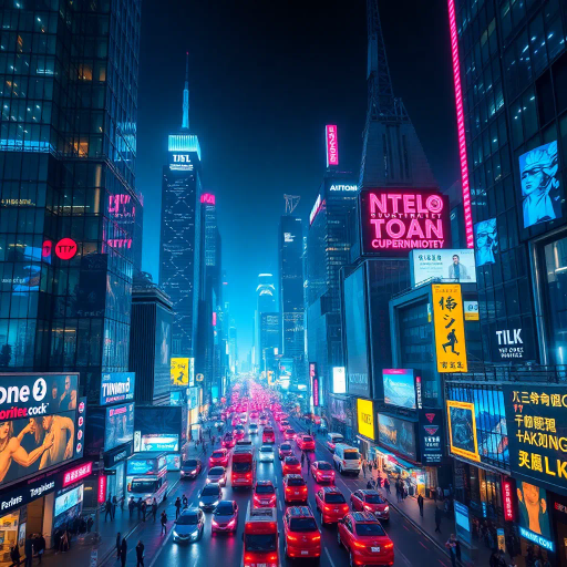 futuristic metropolis, skyscrapers, bustling streets, dynamic movement, neon lights, technological advancement, cyberpunk aesthetic, strategic planning, diverse cultures, innovation, high-tech architecture, night cityscape, vibrant energy, corporate power, networking, global influence, digital connectivity, urban landscape, visionary leaders, business attire, synergy, economic growth