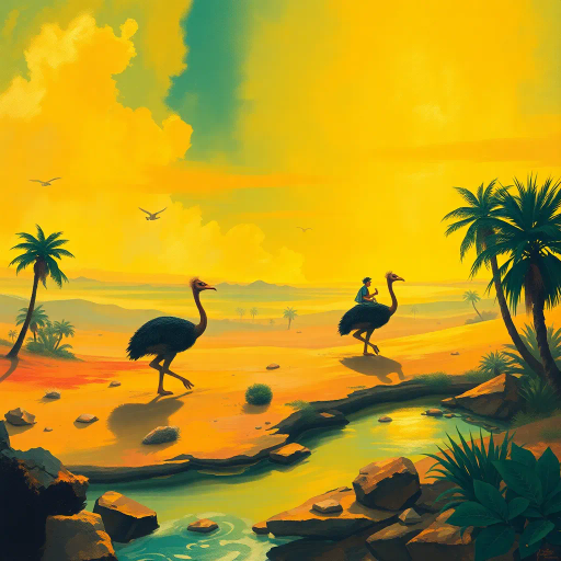 oasis, desert landscape, cassowary riders, surreal journey, Henri Rousseau influence, impressionist brushstrokes, vivid color palette, golden sunlight, mirage effects, dynamic composition, whimsical atmosphere, tropical vegetation, dramatic shadows, expansive horizon, cultural fusion, dreamlike scenario, detailed textures, symbolic fauna, mystic ambiance, imaginative realism, ethereal landscape, adventurous spirits, exotic wildlife, tranquil pools, exploratory perspective