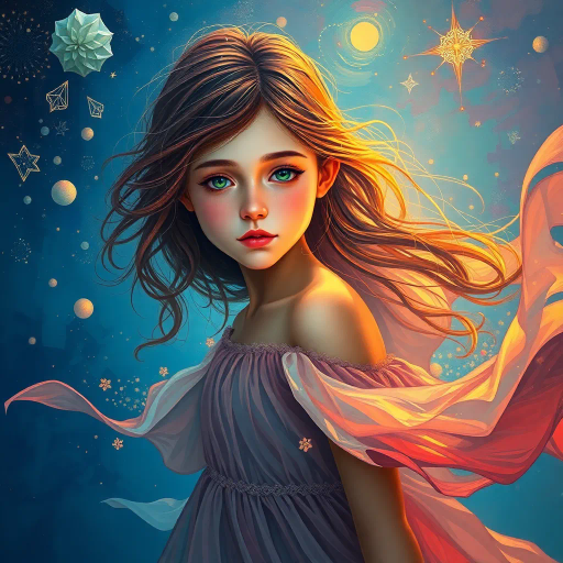 ethereal girl, serene gaze, vibrant color palette, impressionist influences, ambient lighting, flowing dress, intricate details, whimsical atmosphere, celestial backdrop, dreamlike quality, modern surrealism, Van Gogh inspiration, fluid motion, emotional depth, convergence of fantasy and reality, harmonious composition, pastel hues, gentle textures, imaginative perspective, evocative symbolism