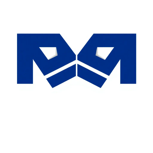 minimal M logo, perspective convergence, depth, hierarchy, solid indigo blue, geometric, modern tech design, flat vector, white background, Bauhaus influences, clean lines, symmetry, contemporary aesthetics, spatial innovation, futurism, precision, abstraction, innovative branding, structural elegance