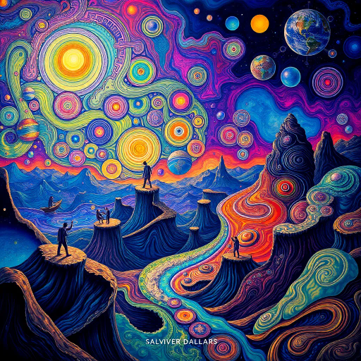 surreal dreamscape, intricate patterns, Salvador Dali, luminous lighting, ethereal ambiance, vivid palette, swirling forms, imaginative landscapes, abstract figures, dreamlike atmosphere, reflective surfaces, flowing textures, dynamic movement, mystical symbolism, infinite space, whimsical elements, vibrant expressions, imaginative worlds, hyper-detailed, otherworldly landscapes