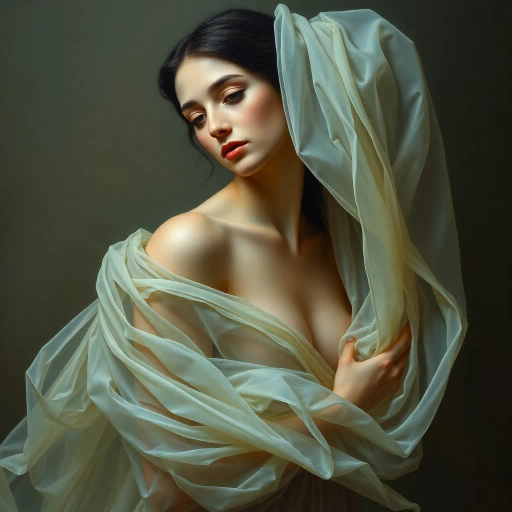 Renaissance, surrealism, ethereal elegance, chiaroscuro lighting, muted pastels, oil paint texture, Botticelli, Dali, delicate translucence, female form, elegance, dreamlike atmosphere, baroque curves, intimate portrait, flowing drapery, softness, timeless allure, serene expression, modern interpretation, cultural fusion, emotive gaze, gentle movement, classic composition, symbolic beauty, illuminated silhouette, harmonious balance, poised stance
