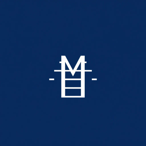 abstract, minimalist logo, geometric letter M, thin horizontal lines, hierarchy, ladder rungs, solid indigo blue, crisp vector design, white background, modern typography, Bauhaus influence, clean composition, precise geometry, vector graphics, contemporary aesthetic, graphic design, minimalism, line weight variation, symbolic representation, structured layout