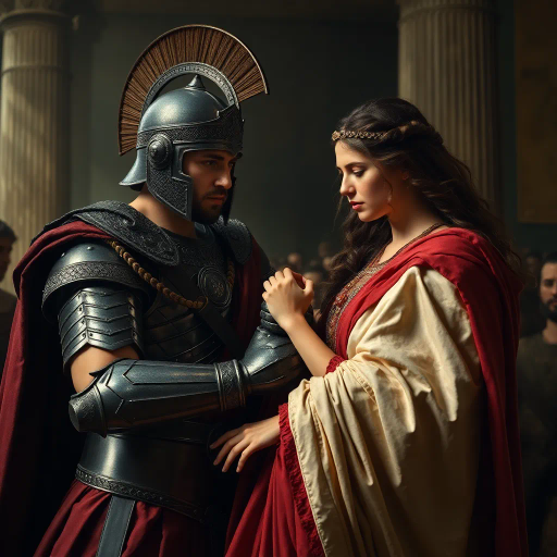 ancient Rome, Sack of Rome 410 CE, Visigothic warrior, Roman lady, dramatic tension, historical narrative, epic composition, chiaroscuro lighting, rich textures, vivid colors, romanticism, classicism, dramatic movement, cultural clash, historical saga, detailed armor, flowing Roman robes, emotional intensity, symbolic imagery, layered composition, heroic scale, classical architecture backdrop, dynamic interactions, historical realism, artistic storytelling, power and grace, clash of civilizations, evocative mood, intricate detailing, timeless conflict, artistic depth, dramatic contrast