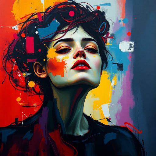 abstract expressionism, vivid colors, soft textures, mysterious, surrealism, emotive, geometric shapes, chiaroscuro lighting, bold lines, dynamic composition, enigmatic symbolism, contemporary influences, dreamlike, fluid movement, expansive space, sensual undertones, layered interpretation, modern female portrait