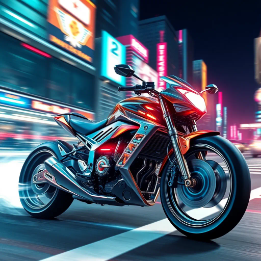 futuristic motorcycle, sleek design, dynamic movement, vibrant neon lighting, retro-futurism aesthetics, Ralph McQuarrie, cyberpunk cityscape, speed and energy, chrome finishes, intricate mechanical details, kinetic composition, bold contrasts, urban night setting, digital rendering techniques, motion blur, concept art, streamlined form, synthetic materials, high contrast shadows, immersive environment, Akira inspiration, Blade Runner ambiance, luminous reflections, electric hues, cutting-edge technology, dusk ambiance, cinematic angles, futuristic metropolis, pulsating vibrancy