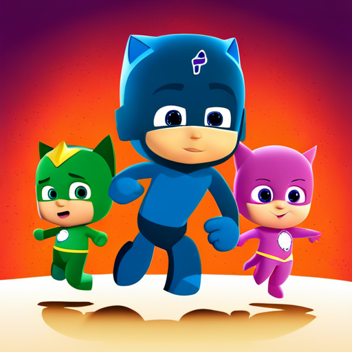 pjmask, cartoon characters, animated, vibrant colors, energetic, action-packed, superhero, children's show, animated series, 3D animation, adventure, teamwork, masks, mystery, young heroes, nighttime, dynamic poses, dynamic composition, anime, children's television show, PJ Masks, cartoons, comic book style, exaggerated expressions, adventurous, stylized animation