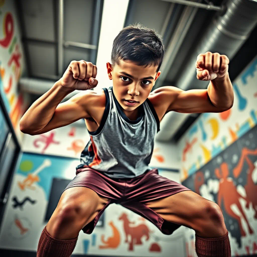 young boy, dynamic pose, exertion, gym environment, muscular definition, modern fitness, Jean-Michel Basquiat influence, vibrant colors, energetic lines, contemporary athletic wear, sweat glistening, overhead lighting, motivational, power and strength, rough textures, urban setting, expressive movement, focus and determination, abstract background, lively composition, sports culture, perspective from below, high contrast, mixed media approach