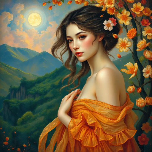 ethereal beauty, youthful elegance, surreal landscape, intricate details, vibrant hues, soft lighting, dreamlike atmosphere, Gustav Klimt, Renaissance influence, mystical aura, flowing garments, delicate features, natural elements, harmonious composition, rich textures, emotional depth, romanticism, dynamic movement, celestial themes, ethereal glow, fantasy-art, captivating allure, timeless elegance, impressionistic brushwork, vibrant tapestry, enchanting realms, otherworldly splendor, luminous colors, ethereal fantasy