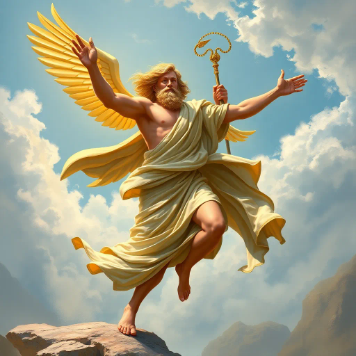 Hermes, Greek god, ancient mythology, divine messenger, wings on sandals, caduceus, swift movement, dynamic pose, classical antiquity, mythological figure, spiritual journey, open sky, ethereal glow, lively expression, flowing robes, bronze sheen, golden highlights, Hermes Trismegistus, Roman frescoes, Homeric influence, celestial ambiance, divine radiance, Olympian grandeur, Renaissance elegance, masterful brushwork, majestic presence, fluid motion, wind-swept landscape