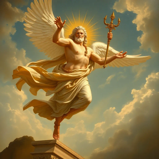 Hermes, Greek god, divine messenger, wings on sandals, caduceus, classical antiquity, dynamic pose, mythological figure, spiritual journey, open sky, ethereal glow, bronze sheen, golden highlights, Renaissance elegance, lively expression, flowing robes, celestial ambiance, Olympian grandeur, masterful brushwork, majestic presence, fluid motion, wind-swept landscape, Michelangelo, baroque drama, chiaroscuro lighting, mythic narrative, historical symbolism, cosmic perspective, atmospheric depth, allegorical motif, timeless scale