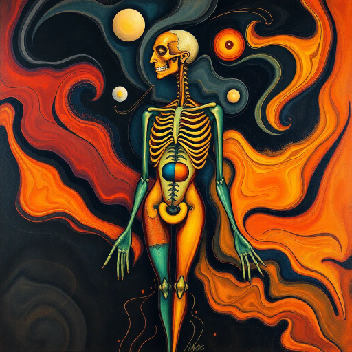 abstract anatomy, surreal forms, Salvador Dali, flowing lines, vibrant colors, organic shapes, dream-like, postmodern, contrasting textures, fluid motion, golden ratio, expressionism, dynamic composition, cultural symbolism, intimate scale, chiaroscuro lighting, emotional resonance, organic materials, metaphorical representation