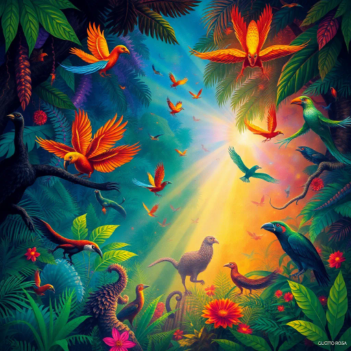 vibrant rainforest, carnival energy, tropical palette, intricate textures, Gustavo Rosa, surrealism, expressive forms, dynamic movement, colorful feathers, mystical beings, atmospheric perspective, lush foliage, samba rhythms, cultural tapestry, radiant lighting, whimsical creatures, vibrant celebrations, exotic wildlife, lively atmosphere, magical realism, imaginative scenery, rhythmic patterns, bold silhouettes