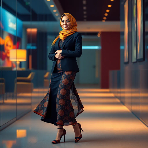 elegant Arab woman, contemporary fashion, hijab, professional attire, modern workplace, high heels, Middle Eastern influence, vibrant colors, soft ambient lighting, dynamic posing, cultural expression, delicate textiles, confident and empowering presence, sophisticated grace, diverse cultural representation, fusion of modern and traditional elements, cultural fusion, empowerment and poise, Impressionism influences, Gustav Klimt inspiration, Art Nouveau elegance, intricate patterns, intricate detailing, vibrant color palette, symbolic attire, office environment, balance and harmony, dynamic composition, surreal lighting, cultural narrative, refined textures, bold symbolism, artistic influences, multicultural dialogue, striking balance, expressive realism, innovative representation, unique fashion, delicate balance, harmonious color palette