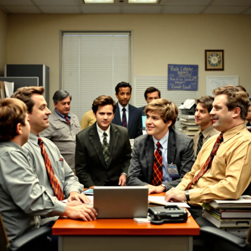 satirical, workplace comedy, 2000s television, vibrant characters, humorous interactions, Michael Scott, Jim Halpert, Dwight Schrute, sardonic wit, office dynamics, banter, mundane setting, Scranton, paper company, unconventional storytelling, ensemble cast, mockumentary style, Steve Carell, quirky relationships, deadpan humor, varied personalities, narrative arcs, expressive body language, exaggerated emotions, bright lighting, cheerful ambiance, subtle social commentary, scenographic composition