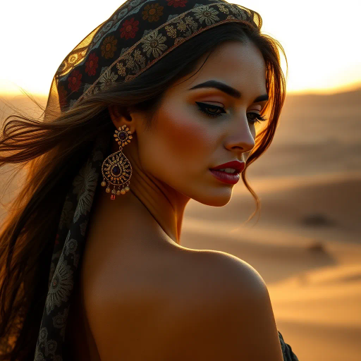 alluring Arab beauty, elegant poise, high heels, Henri Matisse and Yves Saint Laurent inspirations, modern elegance, desert oasis and professional setting, golden hour and chiaroscuro lighting, vibrant warm tones, luxurious textures, intricate and traditional Middle Eastern patterns, exotic allure, cultural richness, flowing lines, sensual movement, feminine power, refined and timeless grace, harmonious romantic ambiance, visual poetry, captivating and seductive composition, ethereal mood, desert mirage, artistic flair, expressive body language, sophisticated minimalism, textural contrast, dynamic perspective, poised demeanor, artistic serenity, contemporary realism, nuanced textures, stylish composition