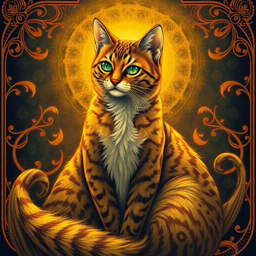 elegant feline, majestic posture, intricate fur patterns, glistening emerald eyes, golden light, whimsical surrealism, inspired by Alphonse Mucha, luxurious tapestry, ethereal presence, enigmatic aura, flowing lines, Art Nouveau influences, warm autumn palette, delicate brushwork, mystical elegance, dynamic composition, fluid textures, gentle curves, serene grace, ornamental details, timeless beauty, harmonious balance