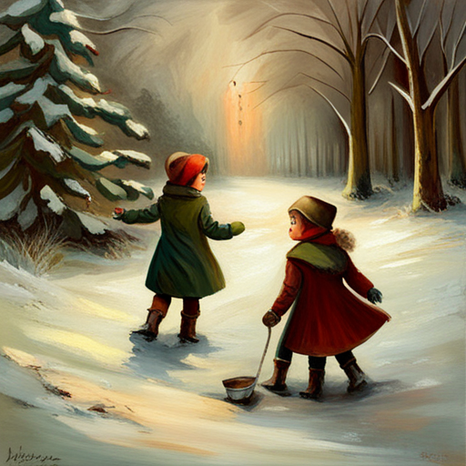 vintage, oil painting, classical, impressionism, muted colors, textured brushstrokes, 19th century, romanticism, traditional, natural lighting, landscape, nostalgia, delicate, thick paint, expressive, European, atmospheric, serene, rustic, aged, soft edges, analog-film, Winter Children under a Christmas Tree Painting, classic