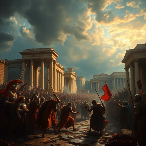 historical devastation, Alaric the Visigoth, ancient ruins, classical architecture, fiery inferno, chaos and turmoil, gothic shadows, sacking and looting, eternal city, Roman Empire, invasion, dramatic conflict, tumultuous skies, Rembrandt lighting, powerful emotions, ancient warfare, Caravaggio-inspired, chiaroscuro, symbolic destruction, fallen civilization, rich textures, monochromatic palette, intense drama, baroque influences, historical narrative, perspective of awe, melancholic atmosphere