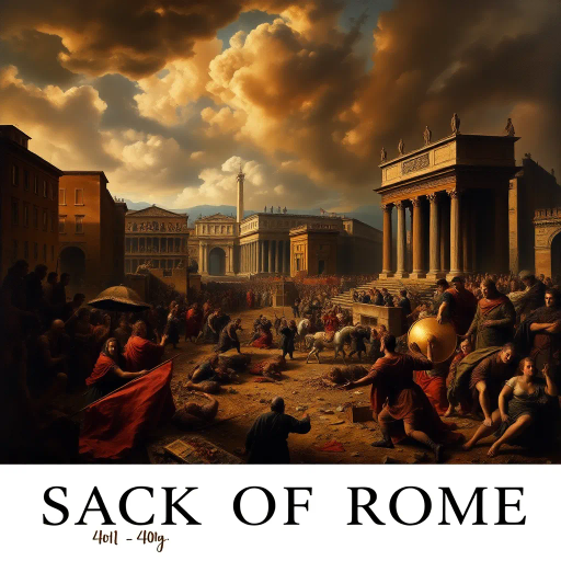 historical devastation, Alaric the Visigoth, ancient ruins, classical architecture, fiery inferno, chaos and turmoil, gothic shadows, sacking and looting, eternal city, Roman Empire, invasion, dramatic conflict, tumultuous skies, Rembrandt lighting, powerful emotions, ancient warfare, Caravaggio-inspired, chiaroscuro, symbolic destruction, fallen civilization, rich textures, monochromatic palette, intense drama, baroque influences, historical narrative, perspective of awe, melancholic atmosphere