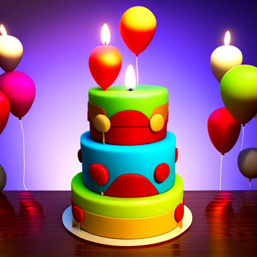 birthday, celebration, party, three-dimensional, sculptural, colorful, playful, interactive, immersive, realistic, joyful, cake, candles, balloons, confetti, gifts, presents, decorations, textures, lighting, composition, vibrant colors, fantasy, surrealism, whimsical, magical