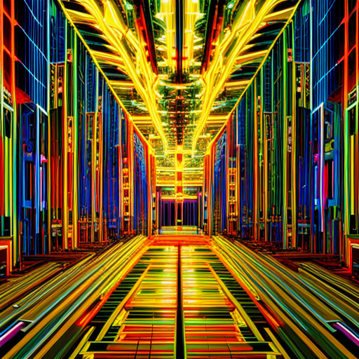 futuristic, artificial intelligence, maximalism, generative art, neon colors, technology, complex patterns, glitch art, cyberpunk, machine learning, wires and circuits, abstract expressionism