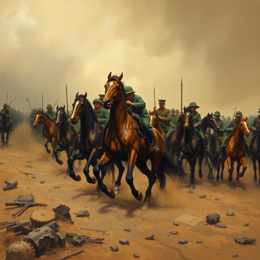 World War I cavalry, powerful horses, soldiers in uniform, historical war scene, epic scale, dynamic movement, Ernst Ludwig Kirchner, expressionism, dramatic lighting, sepia tones, rough textures, battlefield atmosphere, intense emotion, early 20th century war art, cultural impact, symbolism of heroism, detailed military attire, perspective of motion, historic documentation, medium of oil painting, layered composition, contrasting colors, rugged terrain, sense of chaos, orchestrated action, symbolic of bravery, historical narrative, energetic brushstrokes
