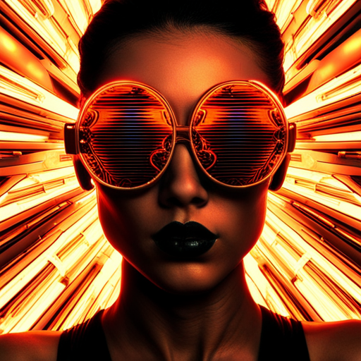 High-tech eyewear, Fire-inspired fashion, Futuristic festival, Cyberpunk, Neon lights, Radial symmetry, Metallic sheen, Burnt orange, Mirrored lenses, UV protection, Industrial chic, Post-apocalyptic, Multidimensional shapes