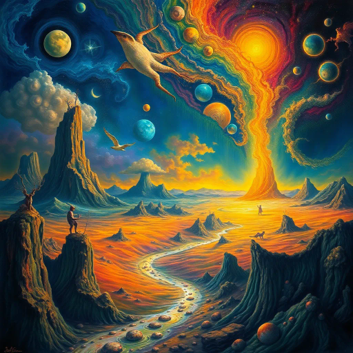 surrealism, vibrant colors, intricate details, Salvador Dali, modernism, ethereal landscapes, luminous lighting, dreamlike atmosphere, digital canvas, abstract forms, fluid motion, visual harmony, cosmic elements, imaginative composition, dynamic contrasts, fantastical creatures, layered textures, emotive expressions, transcendental vision, multi-dimensional spaces, futuristic interpretation, philosophical undertones, immersive experience