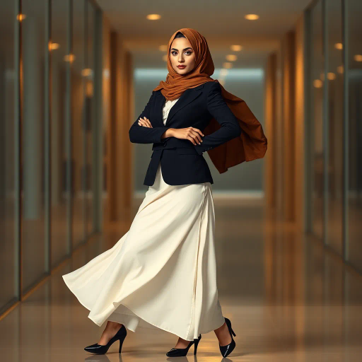 elegant Arab woman, contemporary fashion, hijab, professional attire, modern workplace, high heels, Middle Eastern influence, vibrant colors, soft ambient lighting, dynamic posing, cultural expression, delicate textiles, confident and empowering presence, sophisticated grace, diverse cultural representation, fusion of modern and traditional elements, cultural fusion, empowerment and poise, Impressionism influences, Gustav Klimt inspiration, Art Nouveau elegance, intricate patterns, intricate detailing, vibrant color palette, symbolic attire, office environment, balance and harmony, dynamic composition, surreal lighting, cultural narrative, refined textures, bold symbolism, artistic influences, multicultural dialogue, striking balance, expressive realism, innovative representation, unique fashion, delicate balance, harmonious color palette