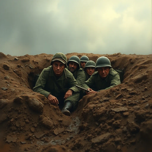 world war i, soldiers, hiding, muddy, shell hole, crater, mud, expressionism, moody atmosphere, historical accuracy, muted earth tones, dramatic lighting, trench warfare, chaos, somber mood, intricate textures, wet surfaces, realism, emotional depth, tension, historical documentation, depth of field, James Montgomery Flagg, war photography inspiration, desperation, survival, fear, explosiveness, historical context, bleak landscape, attention to detail, poignant composition, narrative storytelling, historical influence, 1910s era