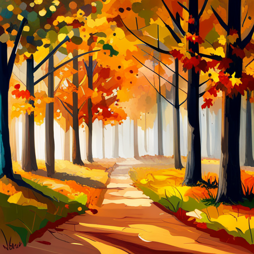 fall foliage, golden hues, crisp air, harvest season, warm colors, melancholy, russet leaves, cozy sweaters, pumpkin spice, bonfires, misty mornings, nostalgic, woodland creatures, apple picking, changing landscapes, foggy atmosphere