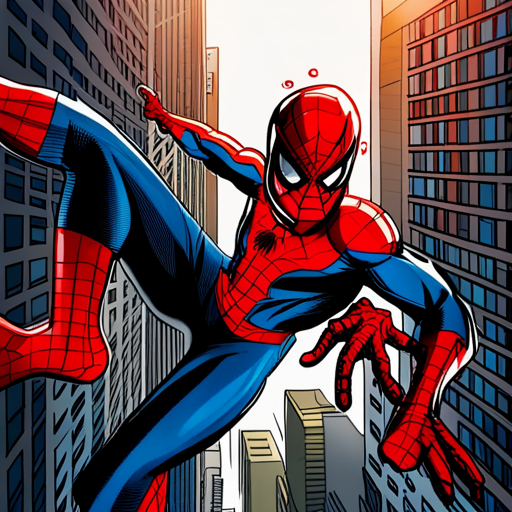 Spiderman, shooting web, action, superhero, Marvel, Stan Lee, Jack Kirby, dynamic pose, vibrant colors, bold lines, energy, movement