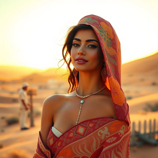 elegant arabic woman, professional environment, subtle sensuality, intricate patterns, warm lighting, modern realism, Richar Estes influences, workplace dynamics, cultural elegance, sophisticated attire, soft textures, confident pose, balanced composition, vibrant arabesque motifs, middle eastern influences, contemporary setting, expressive emotions, corporate atmosphere, refined color palette, serene demeanor, detailed portraiture