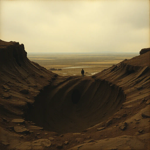 world war i, muddy landscape, shell hole, crater, wet earth, contrasting textures, somber mood, muted colors, rich soil, ripples in water, silent echoes, early 20th century, historical context, emotional weight, desolation, battlefield remnants, dramatic lighting, overcast sky, melancholy atmosphere, realistic depiction, depth and perspective, rugged terrain, Antoine de Saint-Exupéry influence, historical symbolism, vast open space, natural irregularity, memory of conflict