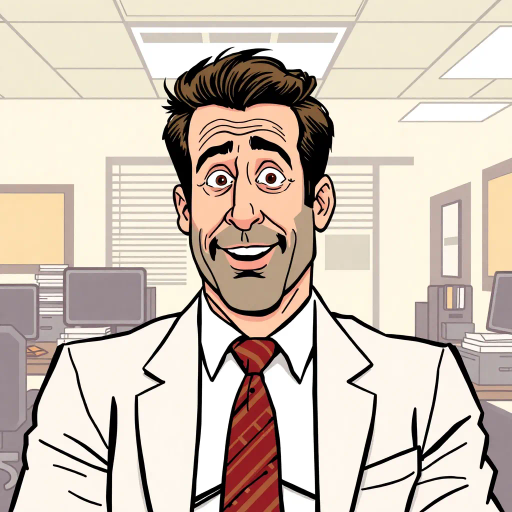 Michael Scott, The Office, television character, cubist influence, geometric shapes, humorous expression, bold outlines, abstract composition, modern office setting, muted color palette, fine line work, playful mood, 21st-century television, intricate details, satirical presentation, vibrant energy, cultural iconography, Steve Carell, eccentric boss, workplace comedy, interlocking forms, pop culture reference, contemporary art influence, visual comedy, layered textures